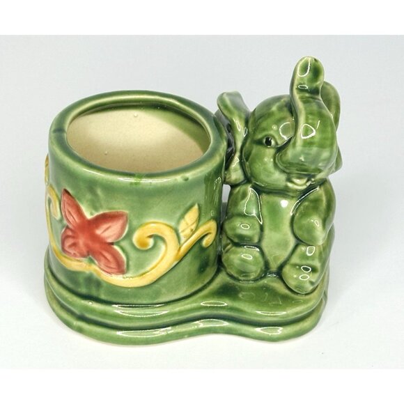 Unbranded Other - Vintage Baby Elephant Planter Small Trunk Up Ceramic Green Pink Yellow 4x3x4”